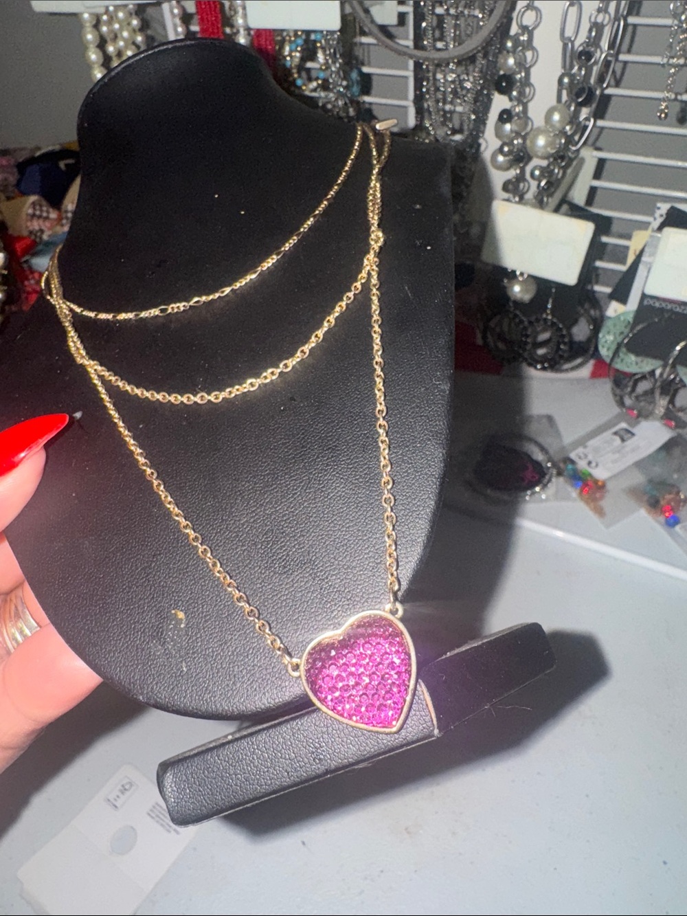 Time and Tru Gold-Tone Layered Necklace with Pink Crystal Heart Pendant